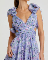 Purple Ruffle Tiered Floral Chiffon Midi Dress